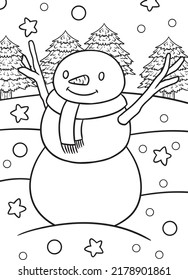 A cute basic snowman with a big smile and a scarf and snowy, starry background as coloring page. A fun coloring activity for the whole family.