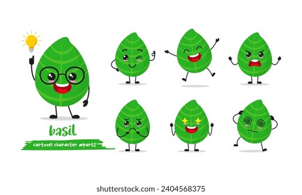cute basil leaf cartoon with many expressions. ingredient character different activity pose vector illustration flat design set.