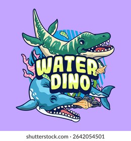 Cute Basilosaurs and Kronosaurs Aquatic Character Mascot in Vector Cartoon Illustration