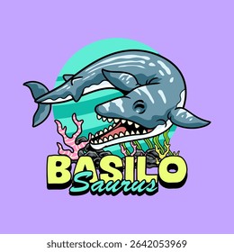 Cute Basilosaurus Aquatic Dinosaur Character Mascot in Cartoon Illustration