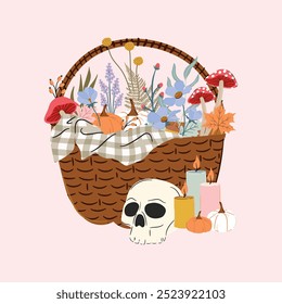 A cute basket of autumn harvest with flowers, leaves, herbs, mushrooms, skull, and candles. Cottagecore witchcraft garden harvest illustration, perfect for card, sticker designs, clipart vector