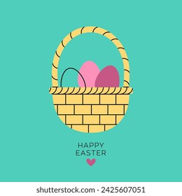 Bonita cesta de huevos de colores. Tarjeta de felicitación para Feliz Pascua. Ilustración minimalista de moda. Decoración de sitios web, elementos gráficos. Cubiertas de vacaciones, carteles, banners, tarjeta de felicitación. Vector plano