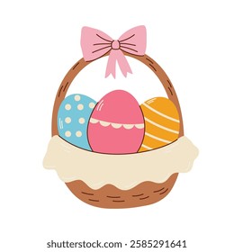 cute basket easter with eggs. Flat vector illustration in children's style