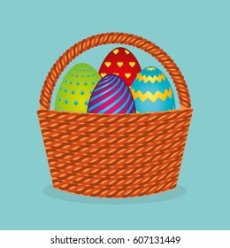 cute basket with eggs painted vector illustration design
