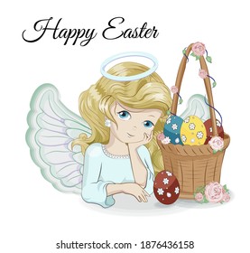 cute basket with eggs, roses and blomde girl angel, picture in hand drawing cartoon style for Happy Easter greeting card. postcard