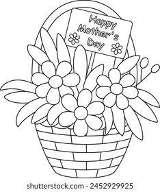 Cute basket of flower coloring page for kids, Happy Mother's Day coloring page