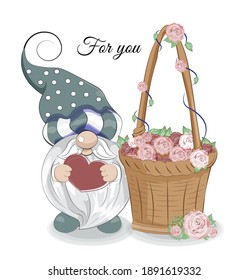 cute basket with flower roses and gnome with heart in hand, picture in hand drawing cartoon style for greeting card. postcard