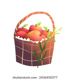 Cesta linda llena de manzanas dibujado a mano ilustración. Elemento de diseño de jardín de frutas de verano, frutas en una cesta. Dibujado a mano de dibujos animados en estilo acuarela. Clipart aislado en blanco.