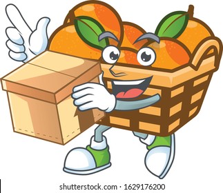 Cute basket oranges cartoon character having a box