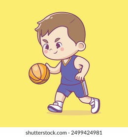 cute basketball athlete dribbling basketball cartoon character Vector mascot Illustration sport Isolated