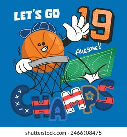 Cute basketball cartoon waving and text Let’s go champs slogan on blue background illustration vector.