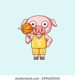 Cute basketball pig player play basket kawaii chibi character mascot illustration outline style design set