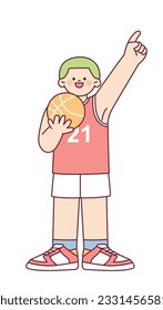 A cute basketball player is holding a basketball and pointing up with his finger in an energetic pose. outline simple vector illustration.