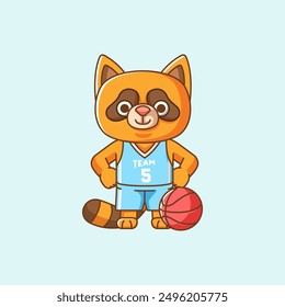 Cute basketball raccoon player play basket kawaii chibi character mascot illustration outline style design set