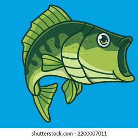 Cute Bass Fish Big Mouth. Isolated Cartoon Animal Illustration. Flat Style Sticker Icon Design Premium Logo Vector. Mascot Character