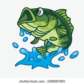 cute bass fish jumping splash water. isolated cartoon animal illustration. Flat Style Sticker Icon Design Premium Logo vector. Mascot Character