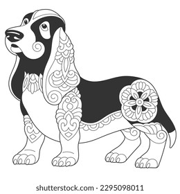 Cute basset dog design. Animal coloring page with mandala and zentangle ornaments