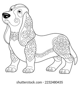 Cute basset hound dog. Adult coloring book page in mandala style