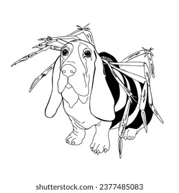 A cute basset hound dog in a Halloween costume. Vector illustration of a cute dog for printing, logo, icon, template for a designer