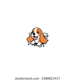 Cute basset hound puppy break through the paper cartoon, vector illustration
