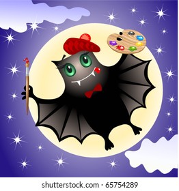 Cute bat artist with paint brash and palette