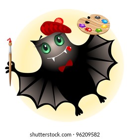Cute bat artist with paint brash and palette