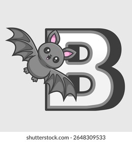 Cute Bat In B Alphabet Cartoon Vector Icon Illustration. Animal Education Icon Concept Isolated Premium Vector. Flat Cartoon Style