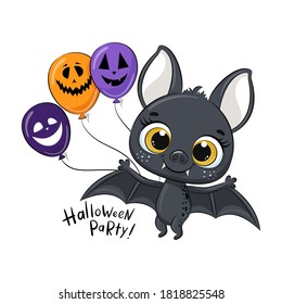 Cute bat with balloon. Happy Halloween card. Vector illustration