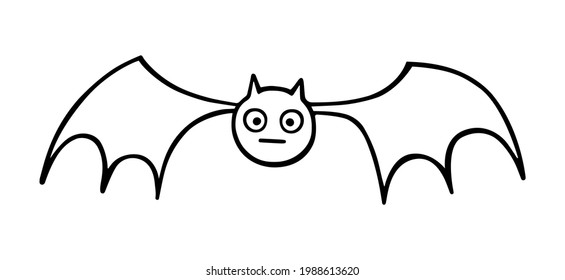 A cute bat with big wings and a funny face. A Halloween symbol. Hand-drawn vector illustration in the doodle style, isolated on a white background. For cards, stickers, tattoos, Halloween holiday.
