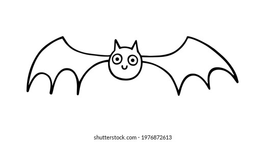 A cute bat with big wings and a smiling face. A Halloween symbol. Hand-drawn vector illustration in the doodle style, isolated on a white background. For cards, stickers, tattoos, Halloween holiday.
