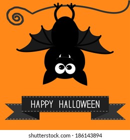 Cute bat and black ribbon. Happy Halloween card. Vector illustration