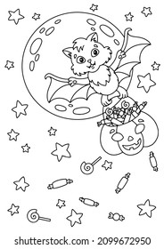 A cute bat carries a pumpkin basket with sweets. Moon and stars in the background. Halloween theme. Coloring book page for kids. Cartoon style. Vector illustration isolated on white background.