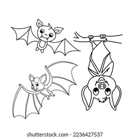 Cute bat cartoon characters vector illustration. For kids coloring book.