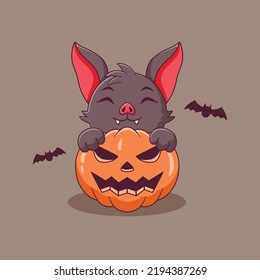 Cute Bat Cartoon Holding Pumpkin. Bat Mascot Cartoon Character. Halloween Icon Concept . Flat Cartoon Style Suitable for Web Landing Page, Banner, Flyer, Sticker, Card