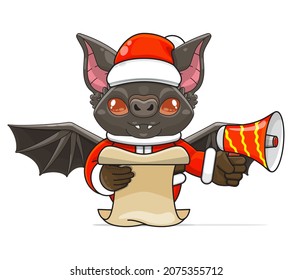 cute bat cartoon, wearing santa costume holding megaphone and reading script, cute animal character wearing christmas costume, front view. kawaii and simple style, suitable for christmas content
