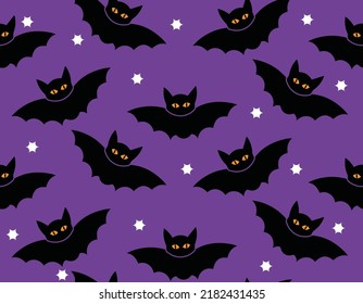 Cute bat with cat eyes Halloween seamless vector pattern background textiles