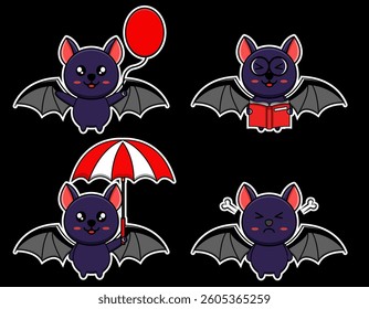 Cute Bat Character Collection: Adorable Animals in Various Poses and Activities, Perfect for Children's Designs and Halloween Themes, Vector Illustration.