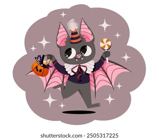 A cute bat character in a vampire costume goes Trick or Treating with sweets and pumpkin. Cute vector Halloween character illustration.