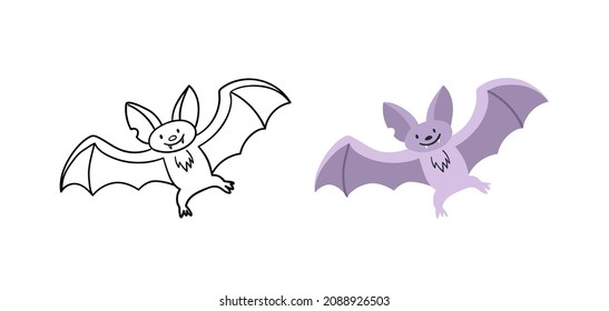 Cute bat character. Vector wildlife animal. Contour and color version.