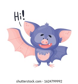 Cute Bat Character Waving Wing and Saying Hi Vector Illustration