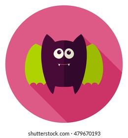 Cute Bat Circle Icon. Flat Design Vector Illustration with Long Shadow. Happy Halloween Symbol.