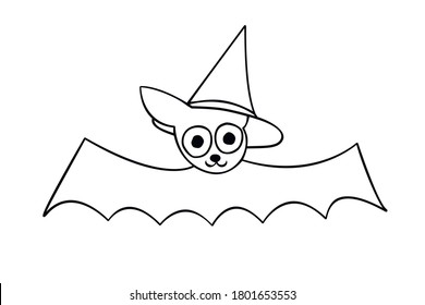 Cute bat drawn in cartoon doodle style. Vector outline illustration isolated on white background. For coloring book page, halloween design, greeting card, motor development