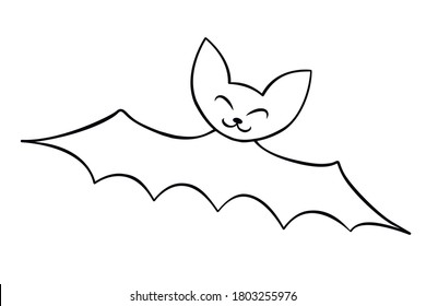 Cute bat drawn in cartoon doodle style. Vector outline illustration isolated on white background. For coloring book page, halloween design, greeting card, motor development