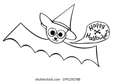 Cute bat drawn in cartoon doodle style. Happy Halloween - lettering in speech bubble. Vector outline illustration isolated on white background. For coloring book page, holiday design, greeting card