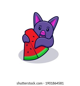 Cute Bat Eating Watermelon Cartoon Icon Illustration