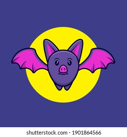 Cute Bat Flaying in The Night Cartoon Icon Illustration