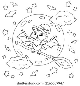 A cute bat flies on a magic broomstick at night. Coloring book page for kids. Cartoon style character. Vector illustration isolated on white background.