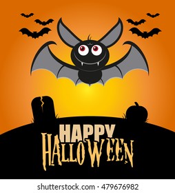 Cute bat with fly on cemetery with Happy Halloween sign. Flat design. Vector illustration