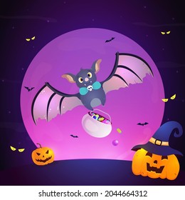 Cute Bat is flying carrying a jug filled with Halloween candy. Happy Halloween