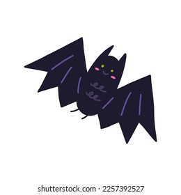 Cute bat flying, cartoon flat vector illustration isolated on white background. Traditional Halloween symbol and element. Cheerful smiling bat animal.